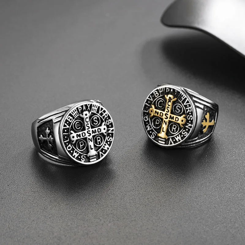 Мужское кольцо CSPB CSSML NDSMD изображение Святого Бенедикта нурсии из нержавеющей