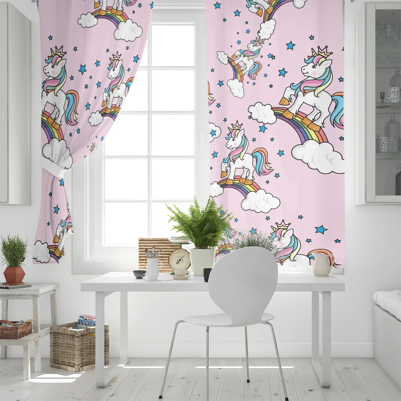 Розовая Радужная занавеска с изображением единорога затемненная для кухни