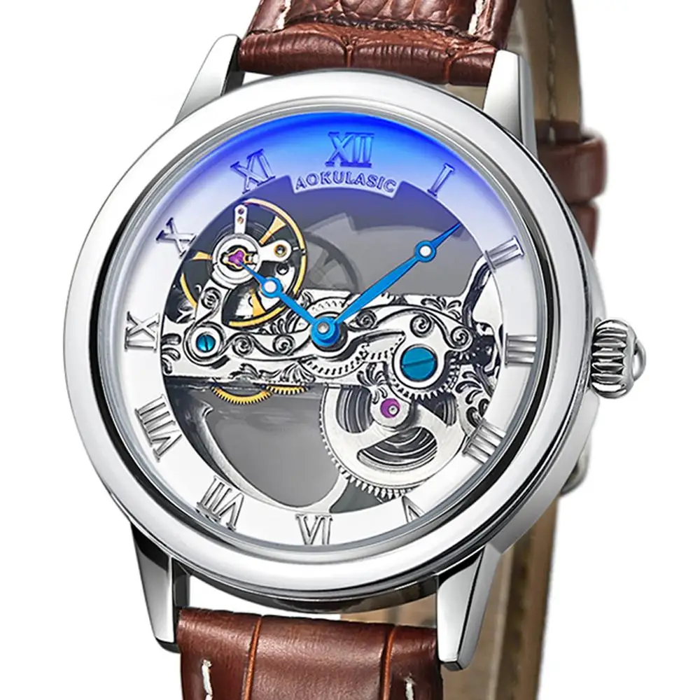 Мужские автоматические механические часы скелетоны с прозрачным циферблатом