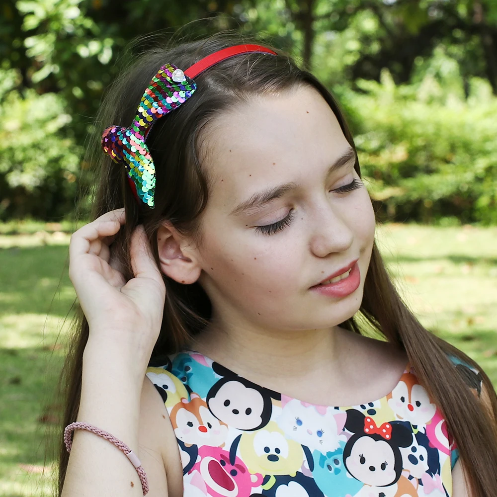 

CN 8 Pcs/lots Reversible Sequin Hairbands For Girls Kids Handmade Rainbow Mermaid Pearl Headbands With Teeth Hair Accessories