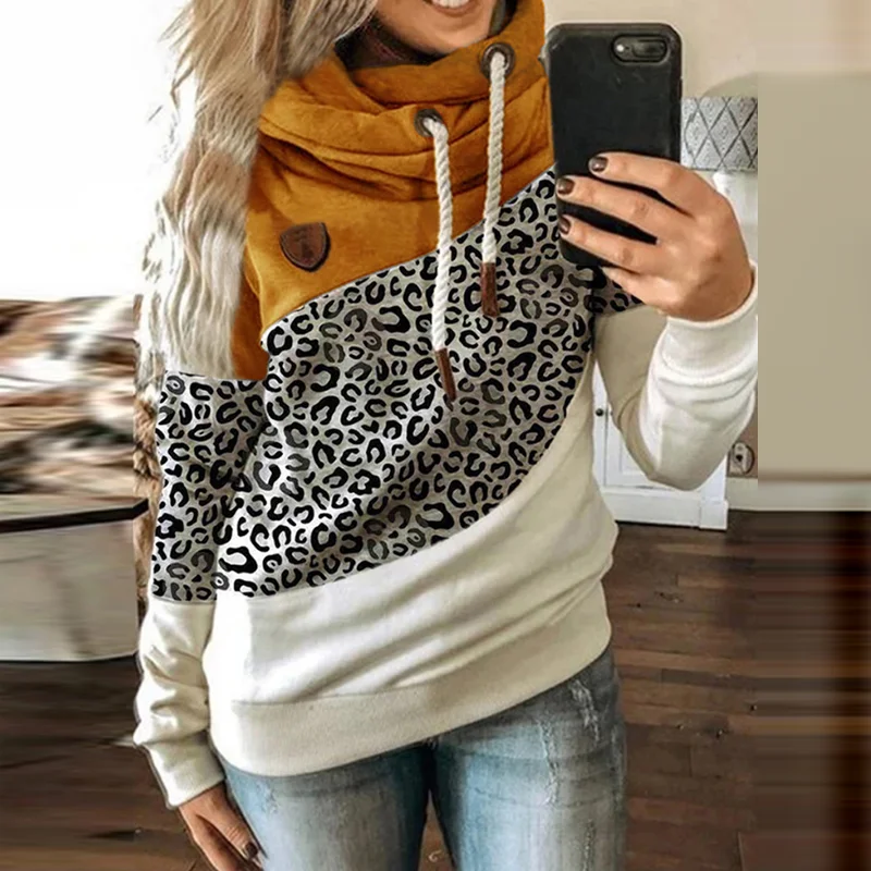 

Women Leopard Patchwork Hooded Sweatshirt Autumn Winter Turtleneck Warm Long Sleeve Printed Hoodies Female Drawstring Pullovers