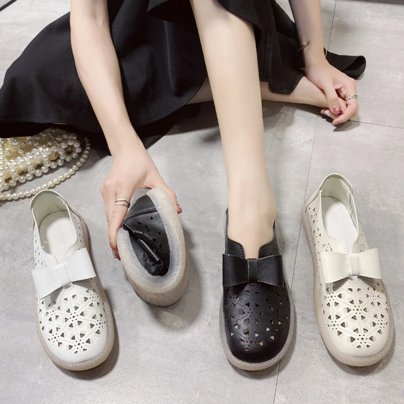 

All-Match Small White Shoes Round Toe Casual Female Sneakers Soft Dress Flats Women New Summer Nurse Breathable Basic Fretwork L