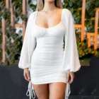 Женские платья 2021, облегающее белое платье с длинным рукавом-фонариком и кулиской, однотонное мини-платье в рубчик с рюшами, платья для женщин