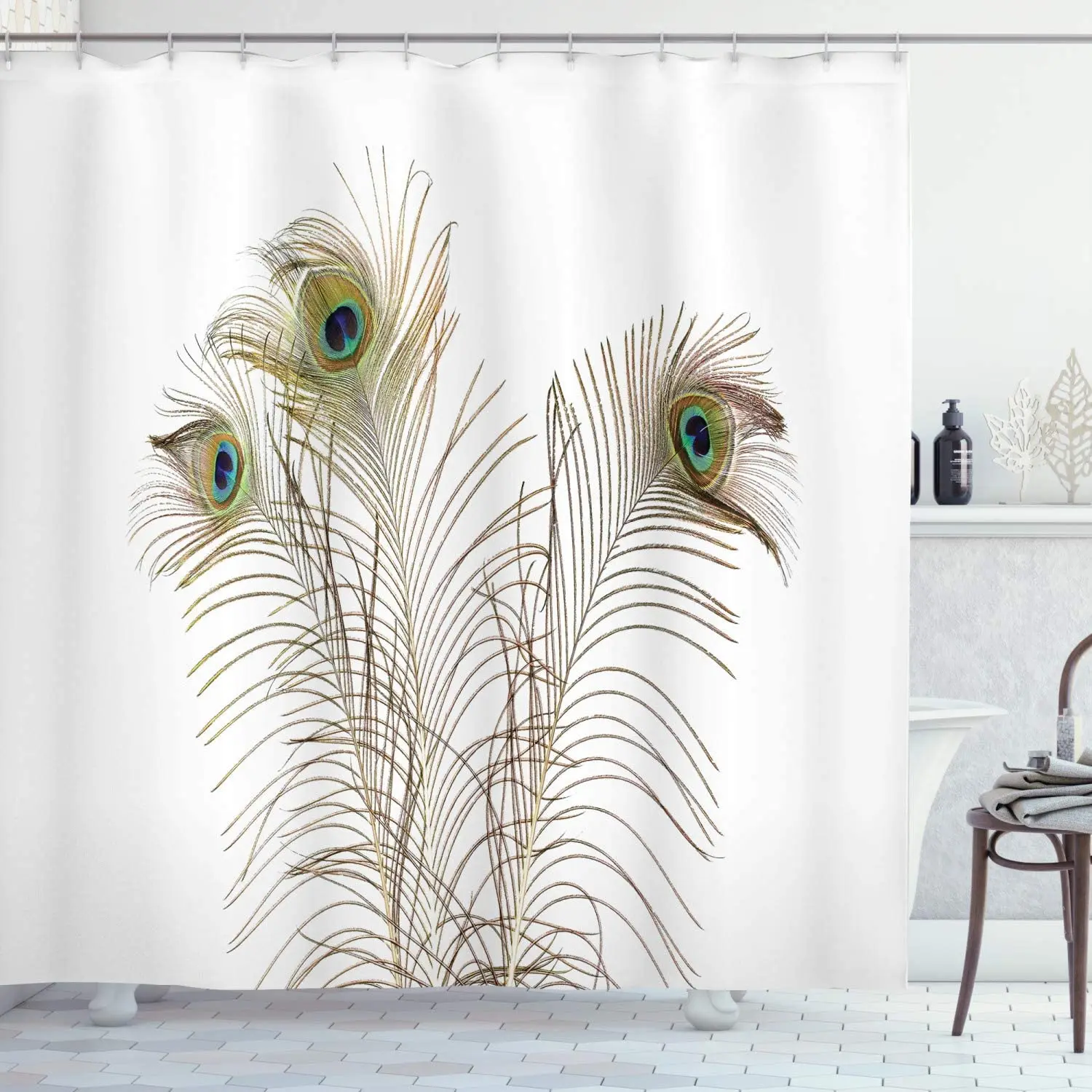

Peacocks Feathers Shower Curtain Closeup Simple Picture Minimalistic Design Print Cloth Fabric Bathroom Decor Set With Hooks
