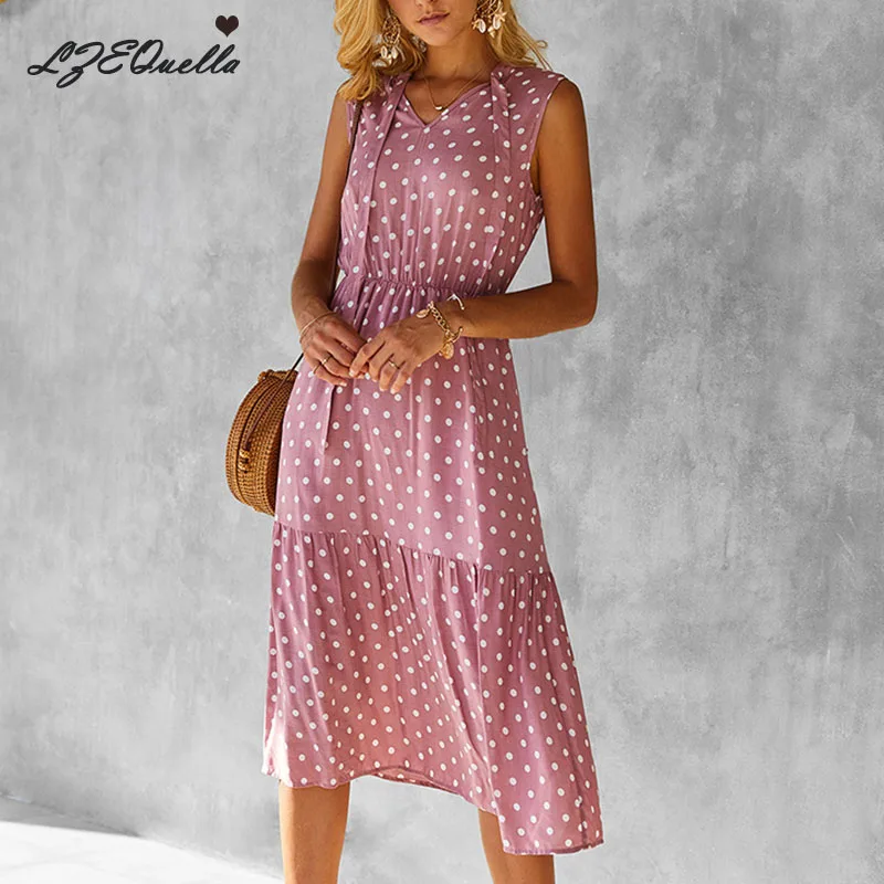 LZEQuella 2021 Summer Boho Dot Print Dress Women New Sleeveless A Line Ruffles V-neck High Waist Long Dresses NZ3029