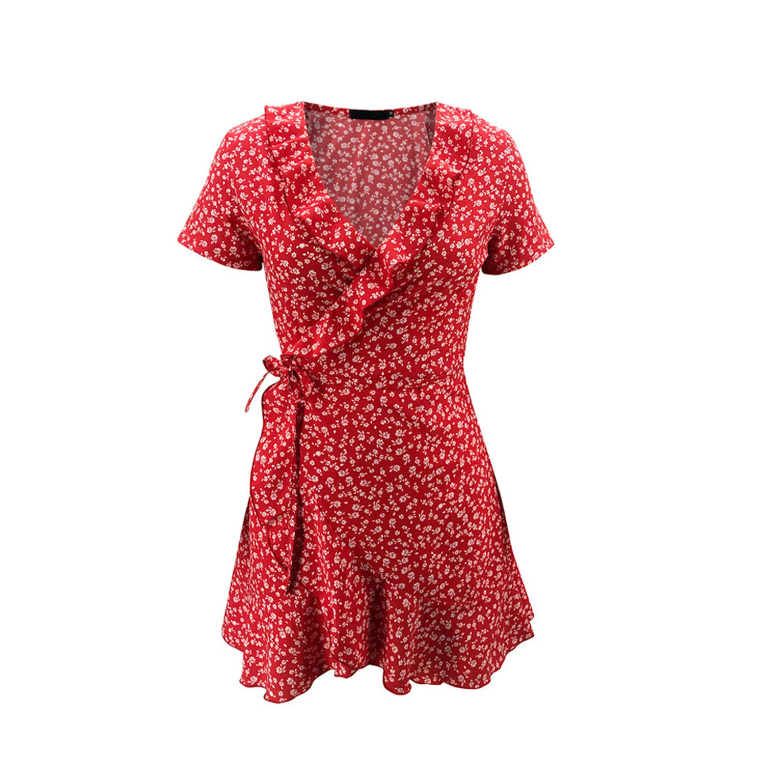 

2021 Women Dress Boho Floral Ruffle Short Mini Dress Summer Knot Sexy V-Neck Party Holiday Dress Femme vestido de mujer