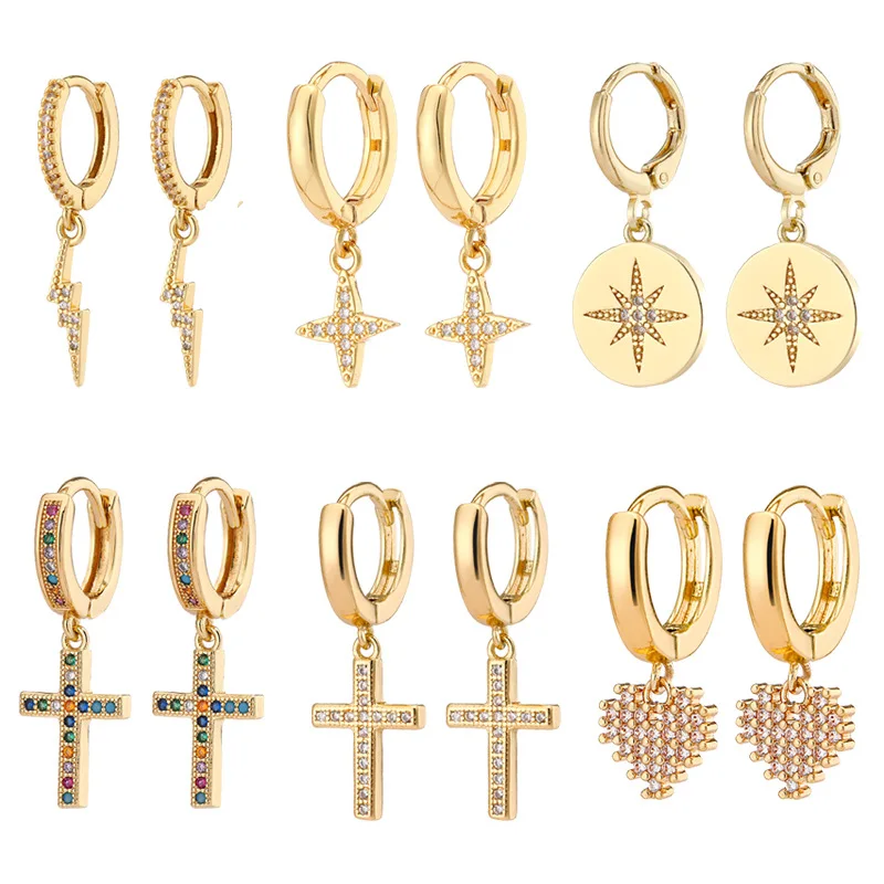 

2022 Korean Fashion Micro-inlaid Zircon Pendant Hoop Earrings Eardrop Lightning Star Cross Heart Clip Earrings Holiday Gifts