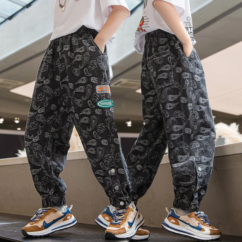 

Boys Spring And Autumn Fashion Printing Trousers Casual Style Children's Denim Trousers Loose Elastic Waist Jeans Black Blue