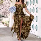Женское длинное шифоновое платье с открытыми плечами и леопардовым принтом, вечернее элегантное платье макси с коротким рукавом, для вечерние