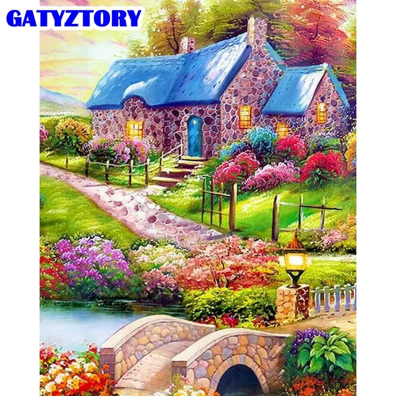 

GATYZTORY DIY Paint By Numbers Blue Roof Mountain House Landscape Picture By Number HandPainted 60x75cm Frame Home Artcraft