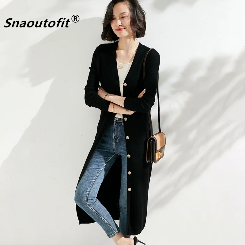 Snaoutofit Mid-Length Ladies100 Pure Wool Cardigan Dress Spring And Autumn Lace-Up Waist Knee-High V-Neck Knitted Sweater Overco