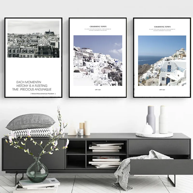 European Building Landscape Seaside Charming Town Free Seagull Waves Beach Canvas Painting Art Poster Living Room Decor | Дом и сад