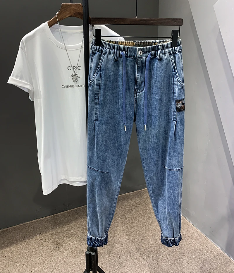 Брюки султанки мужские с эластичным поясом джинсы синие мягкие модные штаны из