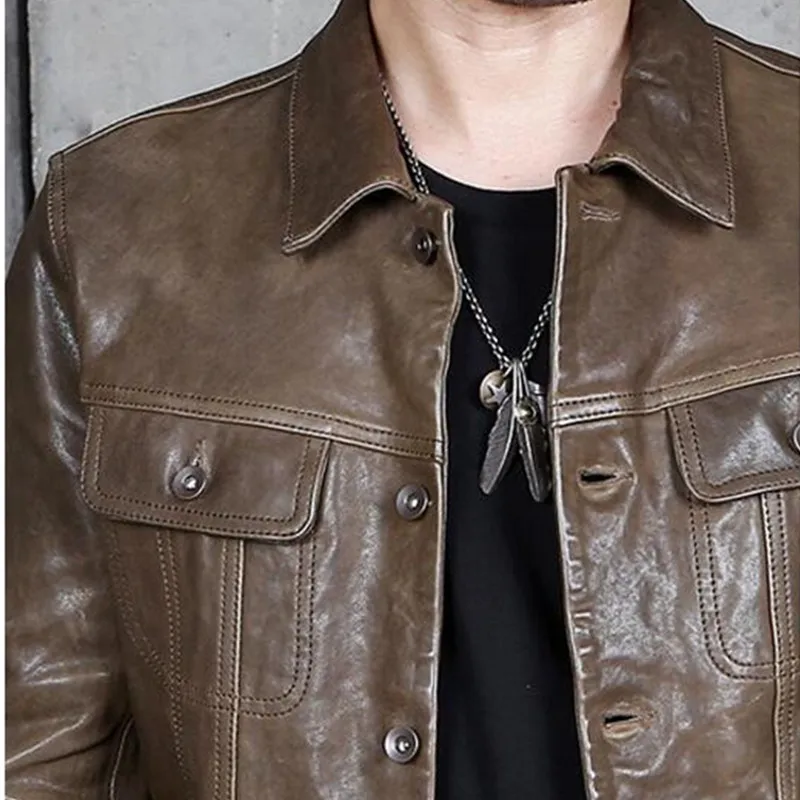 

2021 Vintage Brown American Casual Style Genuine Leather Jacket Men Single Breasted Plus Size 4XL Real Cowhide Spring Slim Coat
