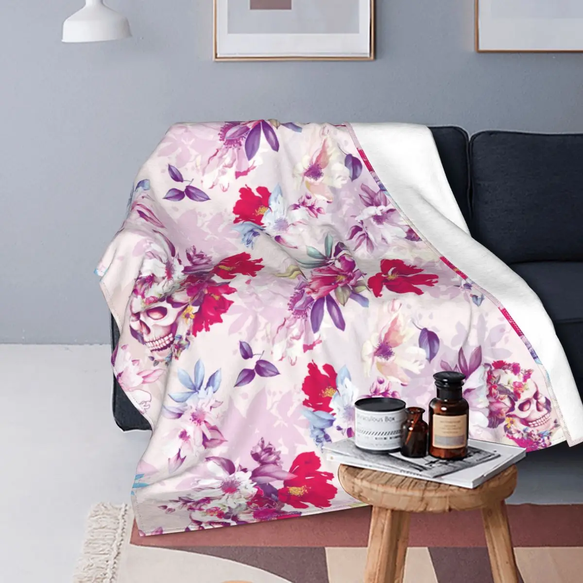 

Floral Skull Flannel Blankets Vintage Peony Awesome Throw Blanket for Bed Sofa Couch 150*125cm Quilt