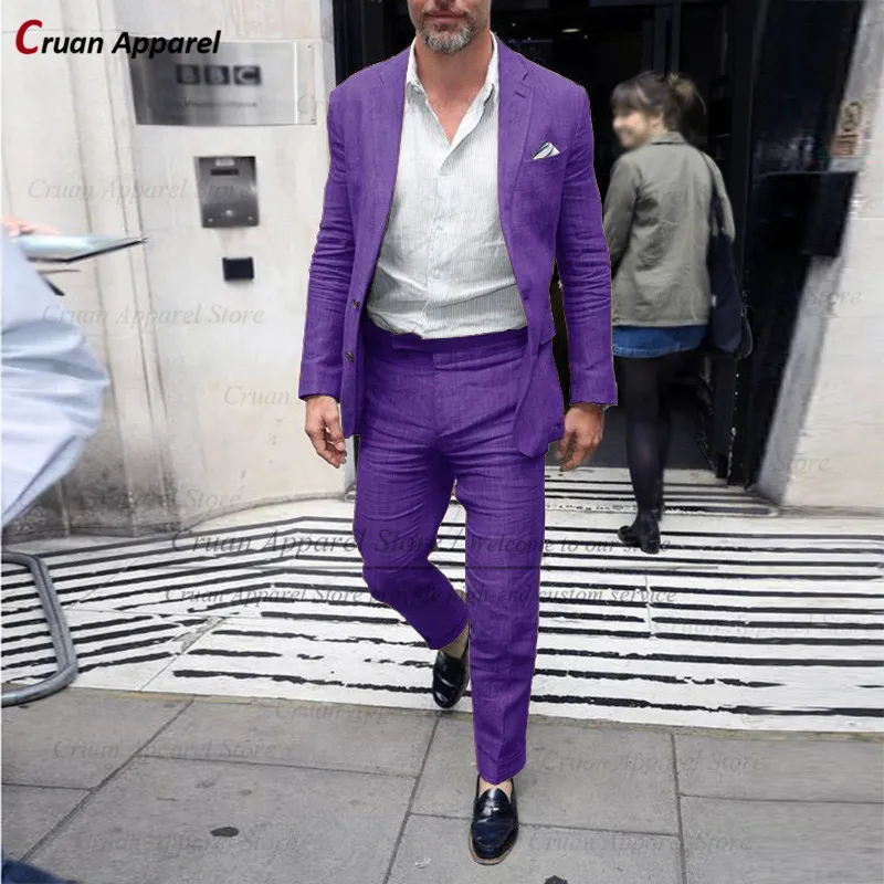 

20 Colors 2022 Fashion Purple Summer Linen Suits for Men Slim Fit Groomsman Groom Beach Wedding Tuxedo Casual Jacket Pants Set