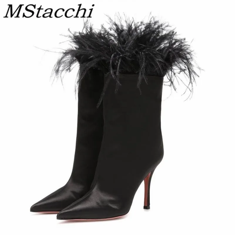 

Mstacchi Pointed Feather Custom Color Big Size 34-48 Silk Women Short Boots 2020 Designer Fashion Sexy Madam Shoes Buty Damskie