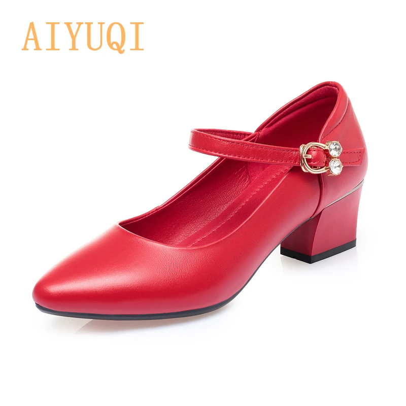 

Women Shoes Mid Heel 2021 Spring Genuine Leather Women Commuter Shoes Round Toe Shallow Mouth Large Size 41 42 43 Women's Shoes