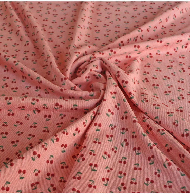 

50*150cm Fresh And Sweet Pink Small Cherry Floral Corduroy Fabric Corduroy Shirt Dress Girl Clothes Printing Handmade DIY Fabric