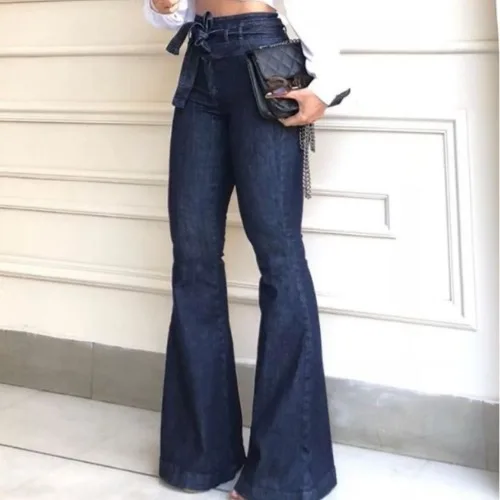 

High Waisted Lacing Stretch Wide Leg Jeans Fashion Ladys Bell-bottomed Pants Large Size Slim Sexy Pants Distress Jeans Cloth