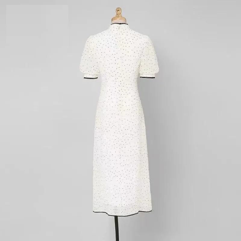

IVY HE Vintage Dresses Sweet Cheongsam Wave Point Bifurcation Contrast Piping Polka Dot Bubble Sleeve Summer Dress Traf Robe ZA