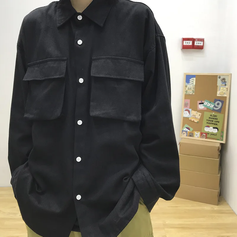 

Autumn and winter long sleeve black shirt men's loose style anxika design feeling lazy wind work coat shirt 619