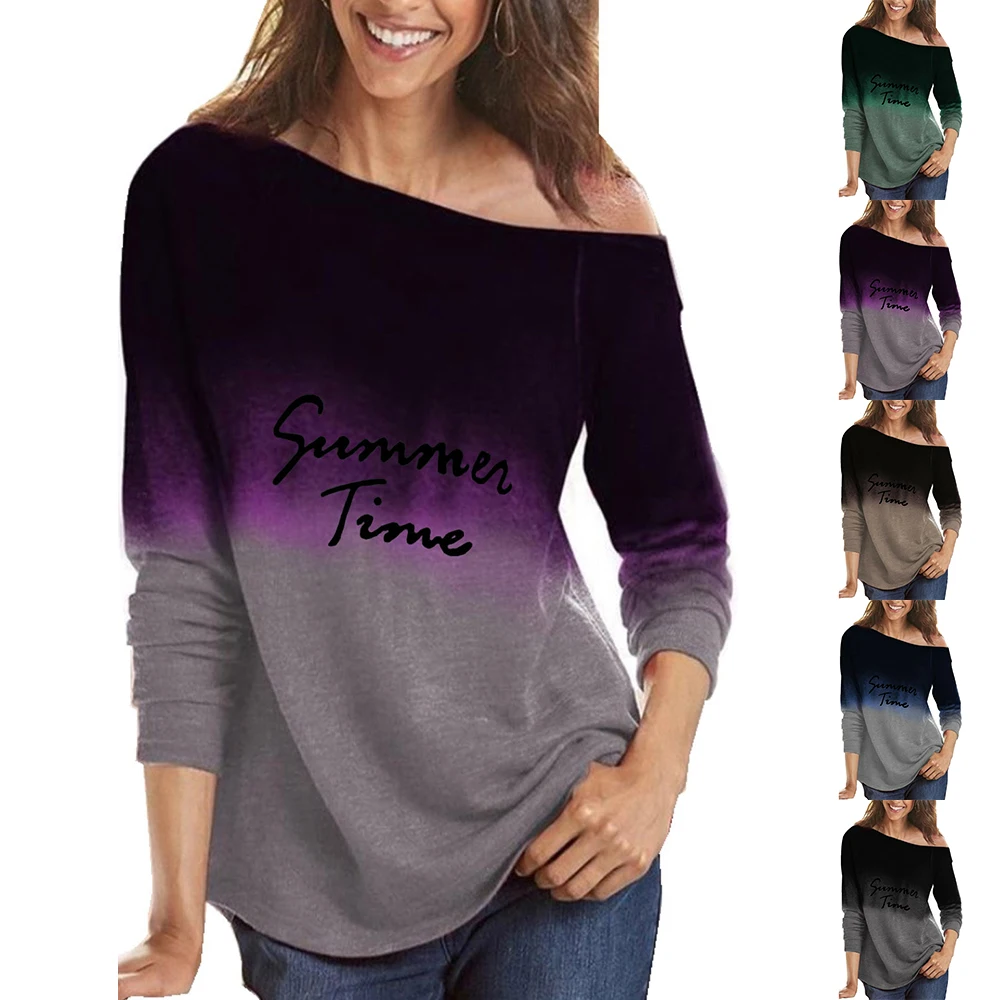 

Women Sexy Gradient T-Shirts Strapless Vintage Pullovers Fall Spring Letter Blouse Long Sleeve Casual Loose T-Shirt Top Pullover