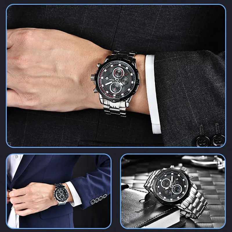 BOYZHE Steel Automatic Mechanical Watch Men's Multi-function Male Sports Watches Waterproof Luxury Clock Three Eyes Reloj | Наручные