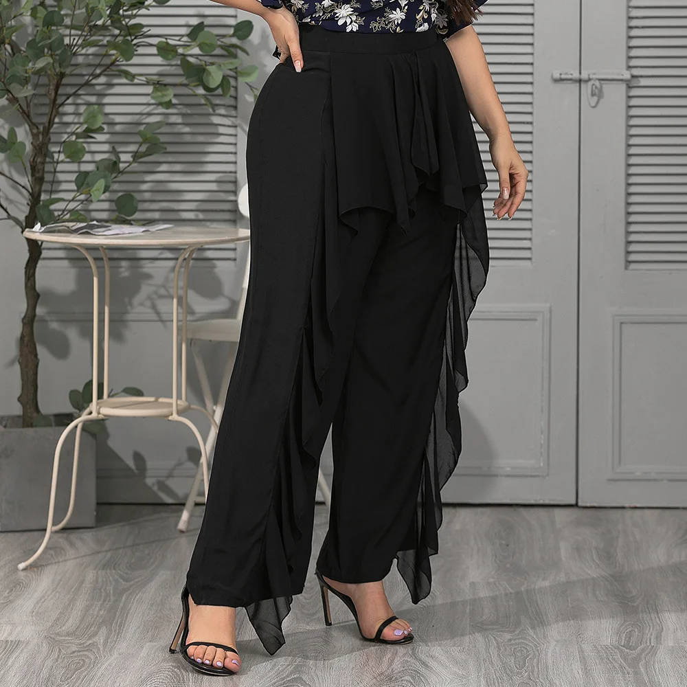 Womens Spring And Autumn New XL Womens Solid Color Ruffled Chiffon Wide-leg Pants Stretch High Waist Black Casual XL Pants5XL