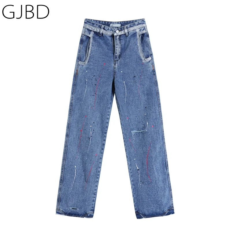 

Blue Ripped Jeans Woman High Waist 2022 Spring New Streetwear Vintage Splash Ink Straight Pants Versatile Baggy Denim Trouser