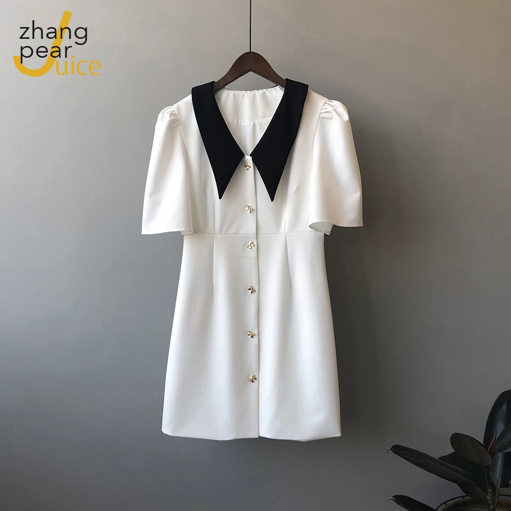 

Office Lady Dress Women Short Sleeve Cute Dresses Sweet Peter Pan Collar Mini Ladies Elegant Dresses