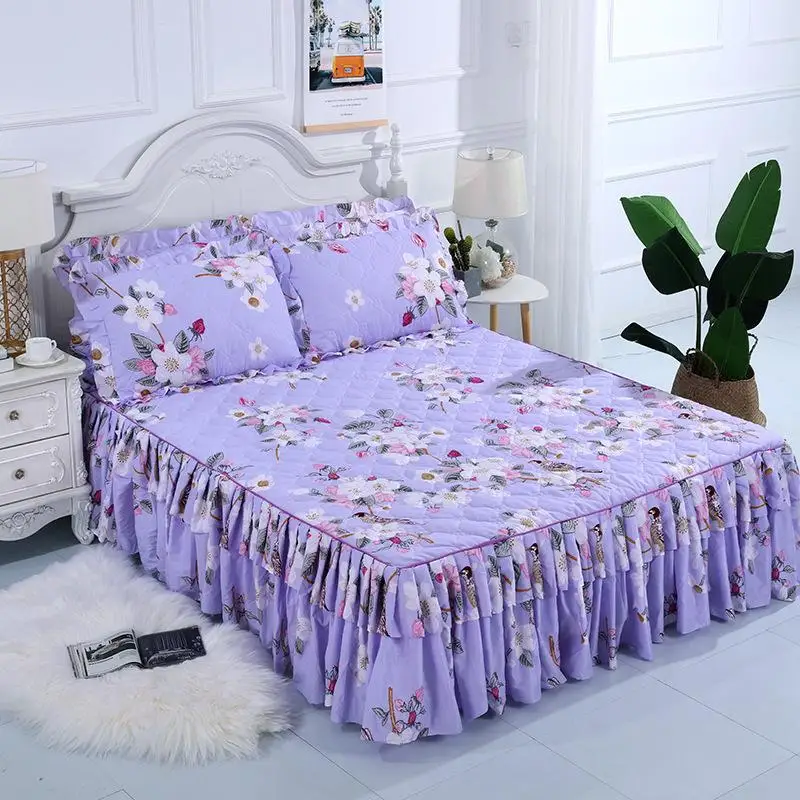 

3pcs Floral Fitted Sheet Cover Graceful Bedspread Double Lace Thicken Fitted Sheet Bedroom Bed Skirt Cover with Elastic Band