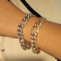 flatfoosie full rhinestone cuban chain bracelets for women punk hip hop gold silver color crystal link bracelet on hand jewelry