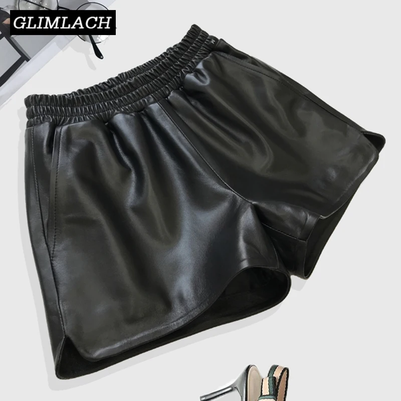 2021 Fashion Women Real Leather 100% Sheepskin Shorts Spring Elastic Waist A-Line Genuine Leather Wide Leg Shorts Female Black