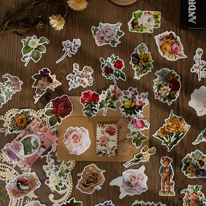 

50pcs/pack Vintage Flower Decorative Stickers Scrapbooking Stick Label Diary Album Stationery Retro Stamp Plant Sticker