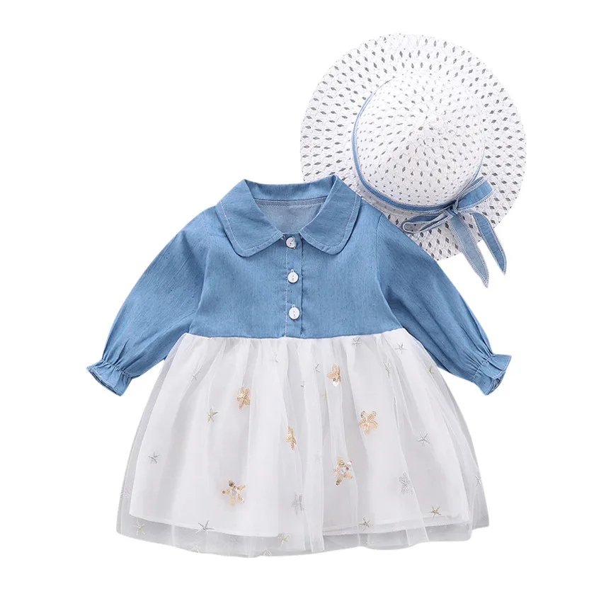 Платье для маленьких девочек Осень зима 2019 джинсовое платье с длинным рукавом и