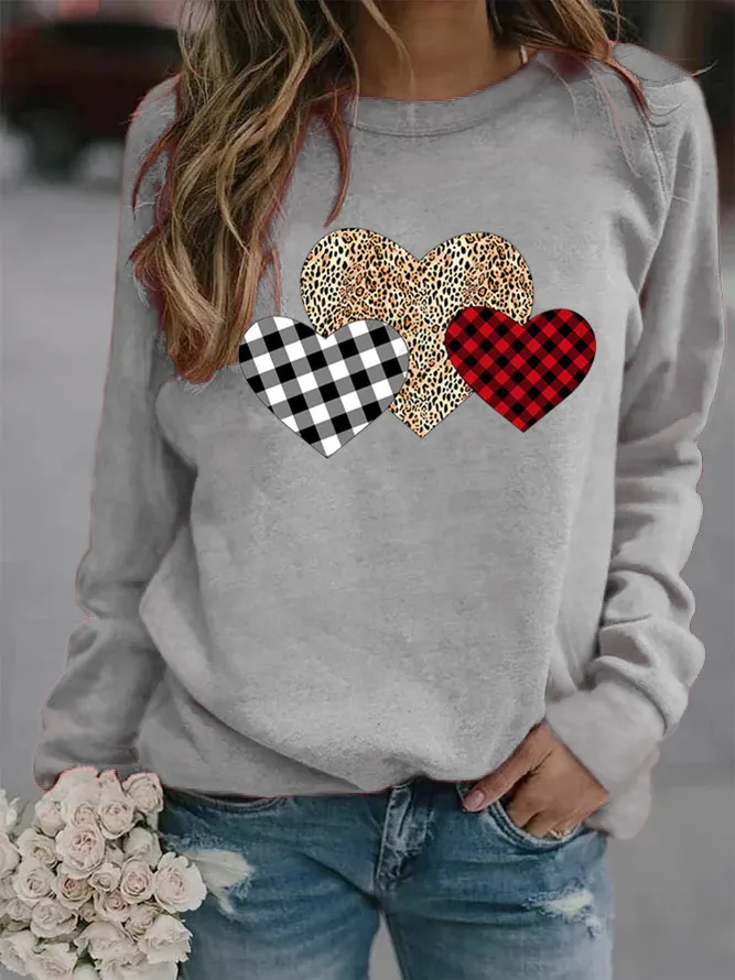 

Plaid Heart Printed Hoodies Women Fleece Long Sleeve O Neck Loose Sweatshirt Girls Women Hoodie Pullovers Winter