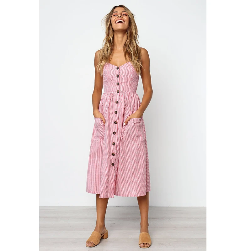 Летнее женское Хлопковое платье с глубоким V образным вырезом и пуговицами