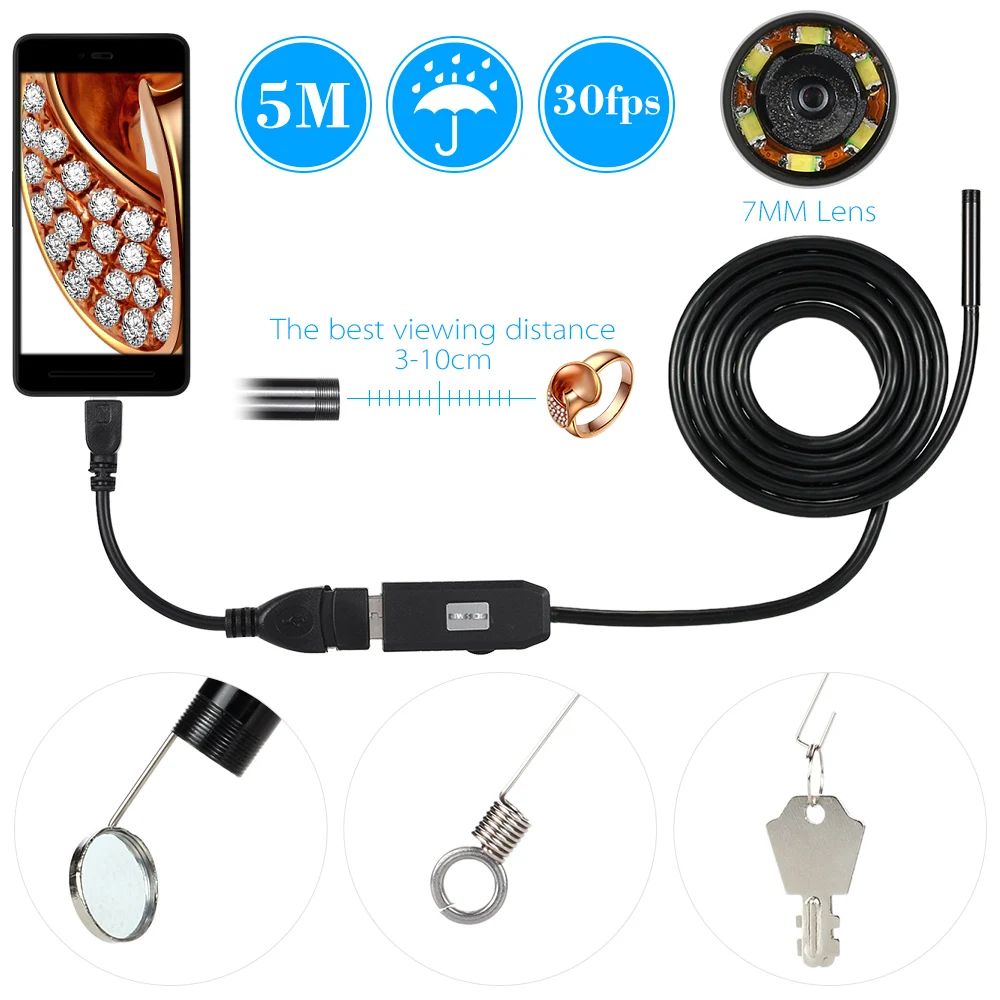 

5M 7mm Lens USB Endoscope Camera Waterproof Wire Snake Tube Inspection Borescope For OTG Compatible Android Phones