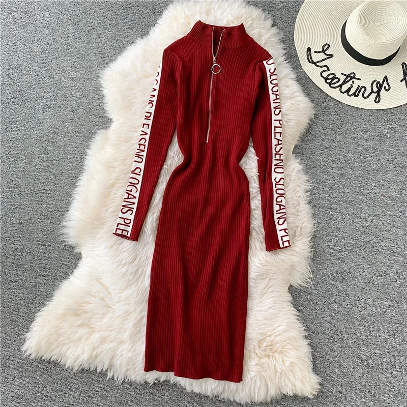 Red Long Sleeve YuooMuoo женское стрейчевое облегающее платье Ins Горячая молния дизайн осеннее трикотажное платье midi зимнее модное черное платье Vestidos - Цвет: Red Long Sleeve