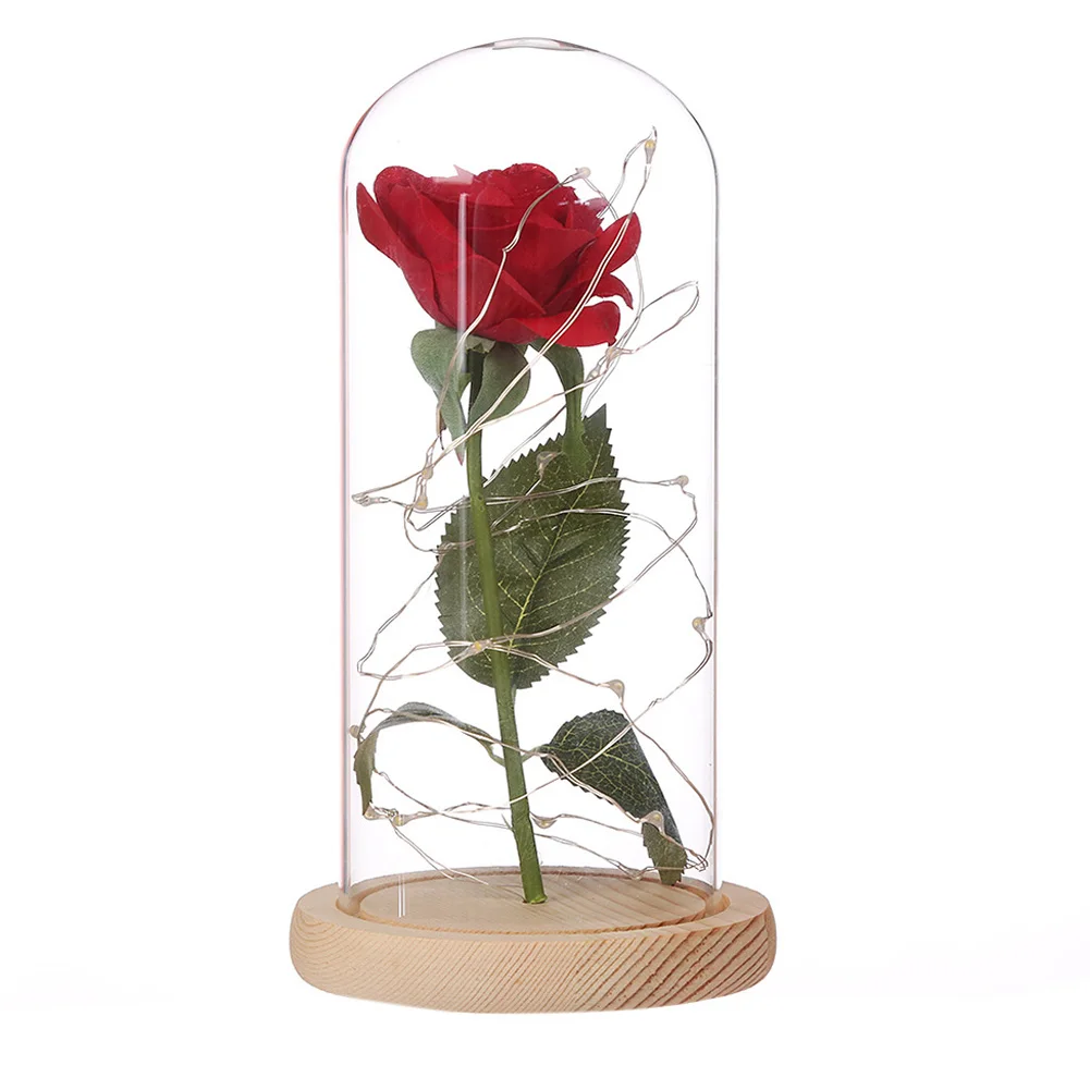 

Crafts In A Glass Dome Wooden Base LED Light For Christmas Gold Plating Romantic Ornaments Simulation Rose Decoration Wedding