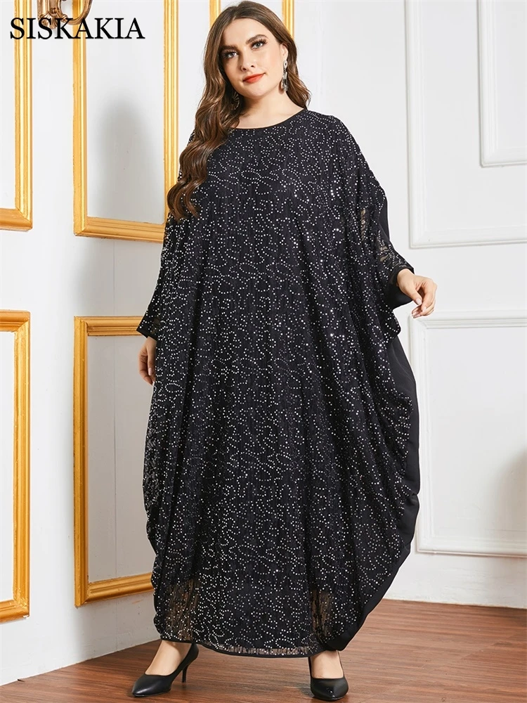 

Siskakia Bat Sleeve Abaya Dress for Women Fashion Black Lace Sequins Plus Size Maxi Dresses Dubai Arabic Muslim Eid Ramadan 2021