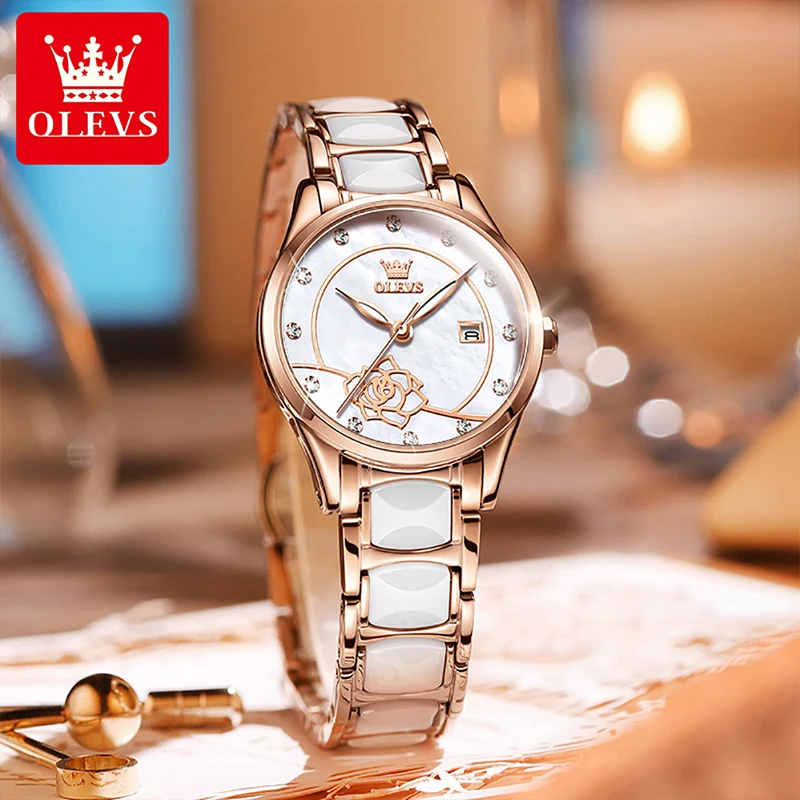 Enlarge OLEVS 2022 New Casual Fashion Luxury Diamond Set Ceramic Quartz Watch Womens Watches Camellia Dial Waterproof Luminous 3606