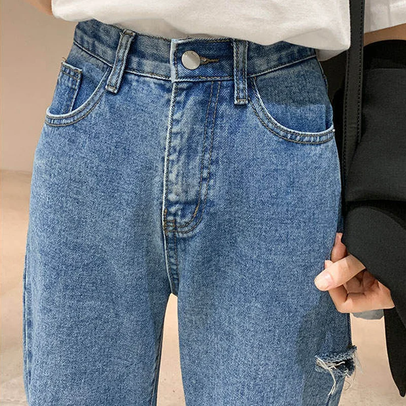 

Women Jeans High Waist Wide Leg Trousers Button Hole Zippers Loose All-match Students Harajuku Retro Spring New Mopping Chic Ins