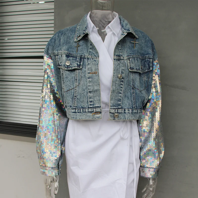 

New Spring Fashion Sleeve Sequins spliced Denim Short Female Jean Coat Stand Collar Singgle Breasted Top Quality Boyfriend Blue