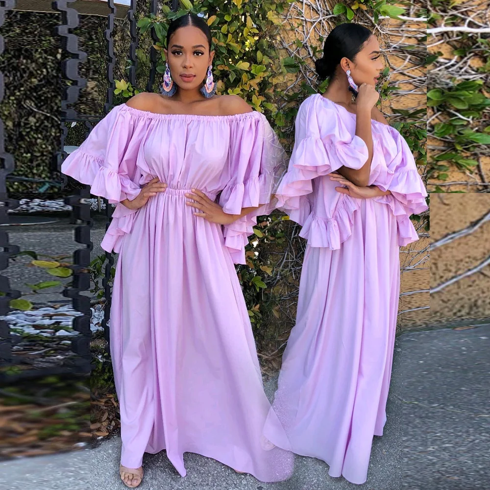 

Plus Size African Traditional Women Clothing 2021 Summer Sundress Off Shoulder Ruffle Bohemian Chic Long Maxi Fairy Dress Purple