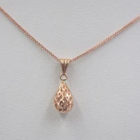 Solid 18k Rose Gold Pendant Hollow Teardrop / Pure 18k Rose Gold Wheat Foxtail Chain Necklace 18"L Gift For Women