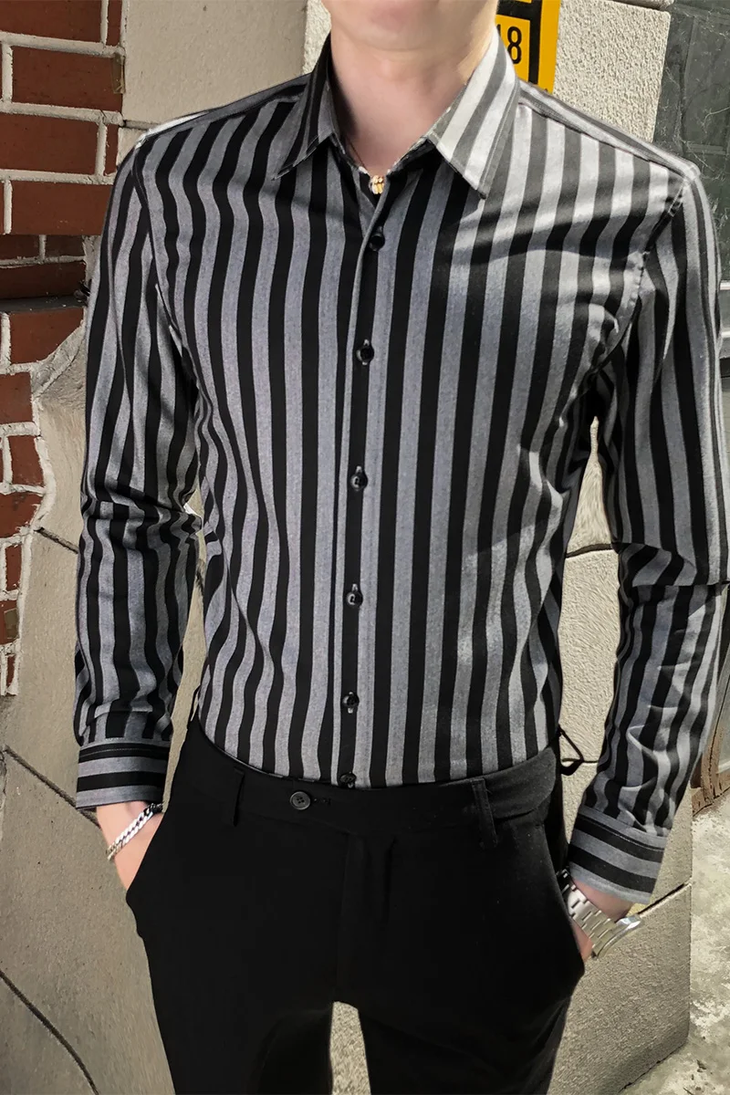 

British Style Striped Men Shirts Slim Fit Long Sleeve Casual Shirt Business Formal Dress Clothes Streetwear Social Blouse Camisa