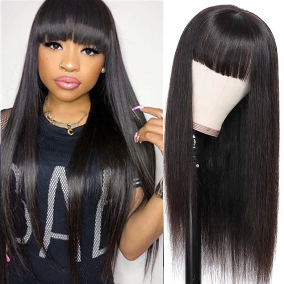 

Парик с коротким вырезом, бразильские прямые парики из человеческих волос с челкой для чернокожих женщин, парик Боб, парик Remy, парик полност...