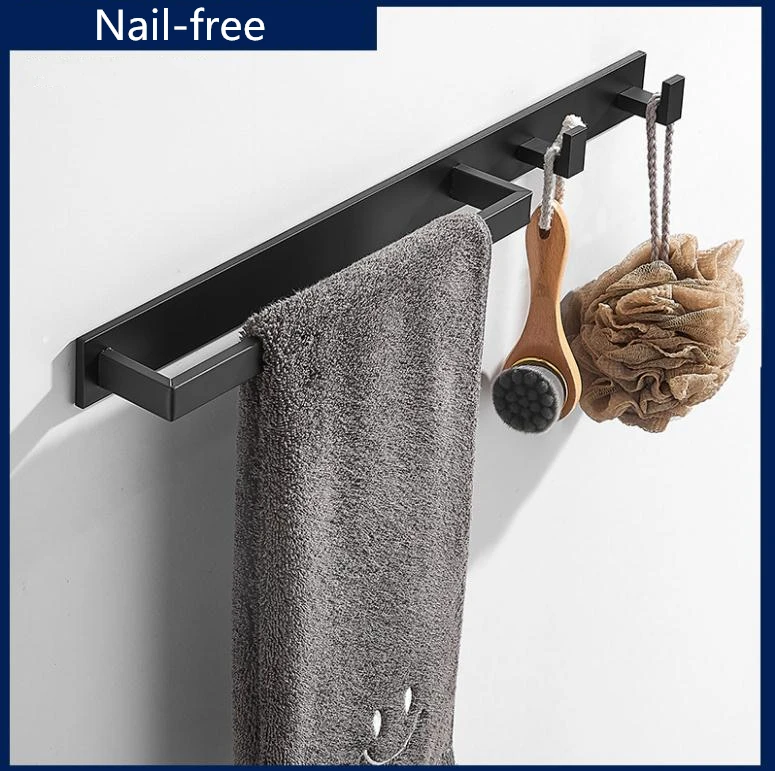 

50cm Space aluminum Black Towel Bar Nail-free Mounted Bathroom Towel Rack With Double Towel Hooks Bathroom Hardware Pendant